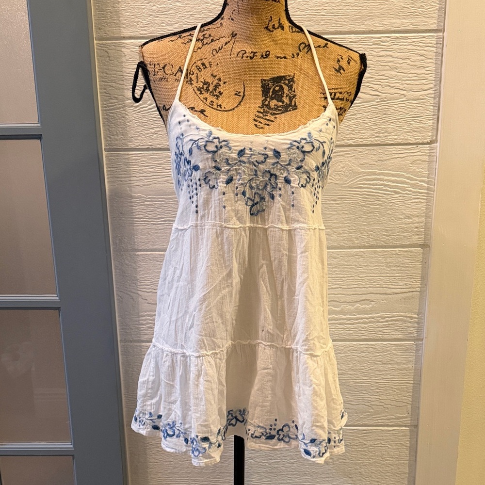 Hollister White and Blue Embroidered Midi Dress